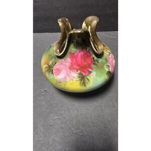 Vintage Hand Painted Porcelain Rose Bowl Vase Gilt Rim Pink Roses *repairs